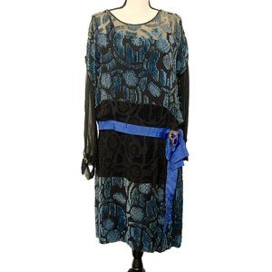 1920s/20s drop-waist blue burnout velvet flapper dress w large jeweled sash belt